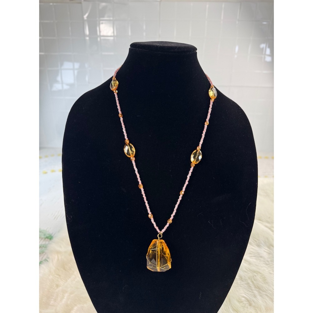 Handmade Amber Crystal Wire Wrapped Beaded Eyeglass Chain Necklace Pink Gold